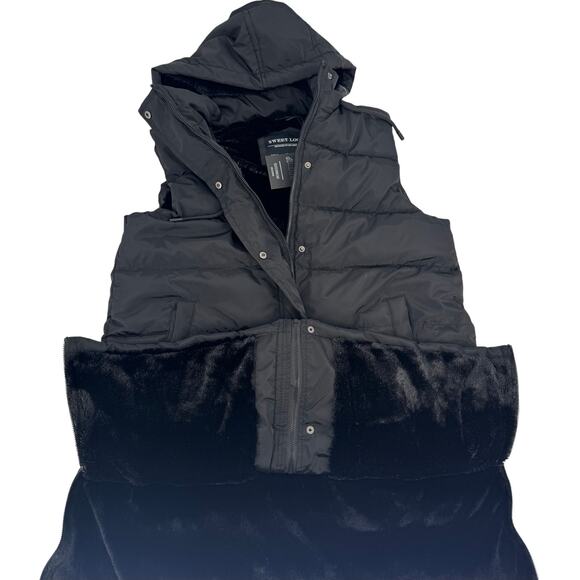 Black Longline Puffer Hooded Small Women Padded Sleeveless Vest Jacket Zip Snap - Picture 3 of 7